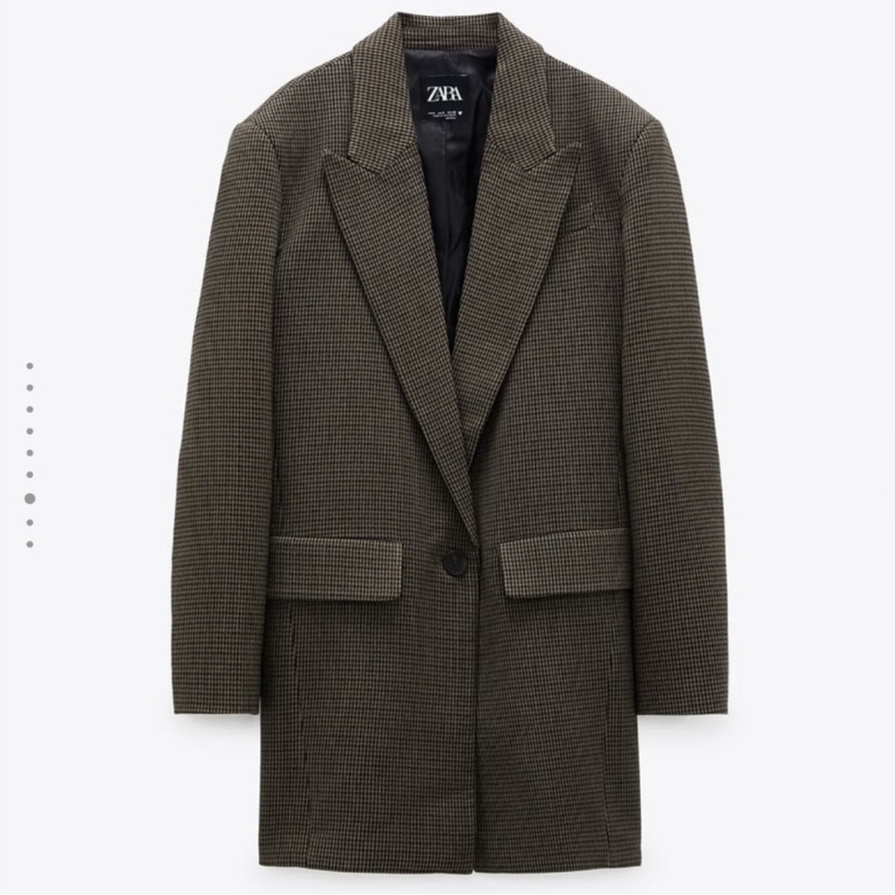Zara Houndstooth Shoulder-pad Brown Blazer, Wool Blend, Size L, Classic Career